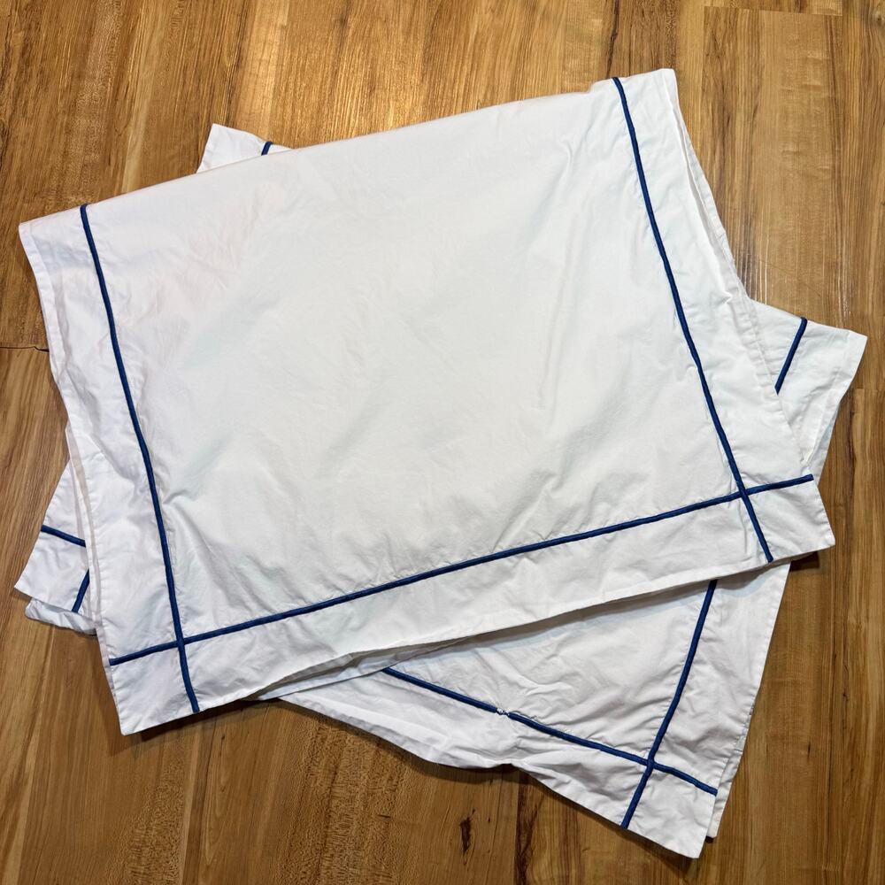 Yves Delorme White Blue Trim European Pillow Sham Covers Cotton Luxury Linens